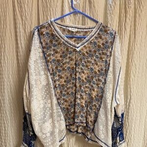 POL Cream V-Neck Patchwork Lace Top with Blue and Brown Floral Print